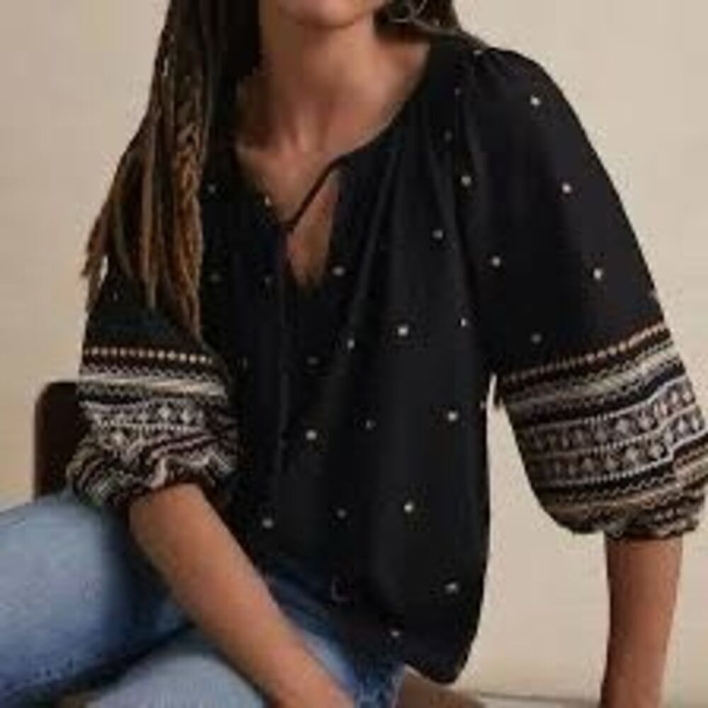 Anthropologie Pilcrow Black Gold Embroidered Calanthe Puff Sleeve Blouse Medium